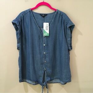 Velvet Heart Boxy Top Womens L blue chambray Tencel V Neck Button New